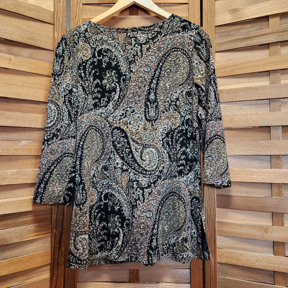 Coldwater Creek Black Green Brown Fleur Blouse Women M 3/4 Sleeve Shirt Polyeste - Picture 2 of 9